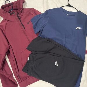 Bundle Nike Maroon Hoodie, Black sweatpants, blue shirt, new, size L each item